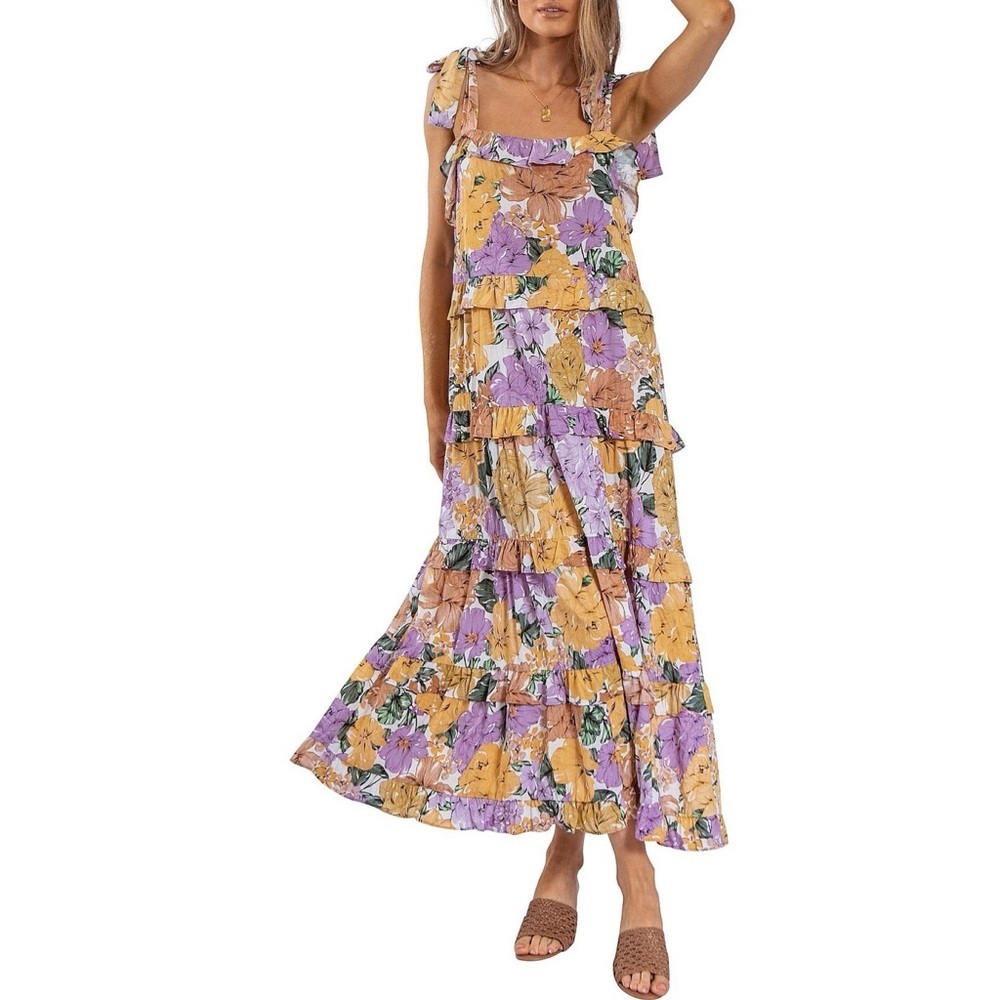 Girl and the Sun XL Bask Lilac Floral Tiered Ruffle Maxi Dress Summer Boho